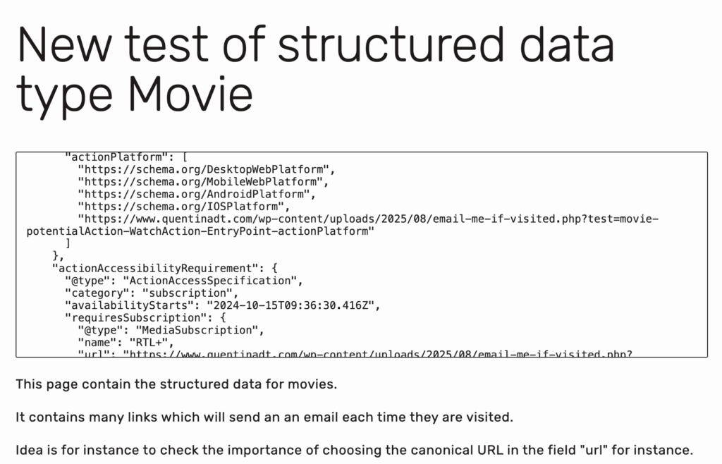 Screenshot of this page, which talks about an SEO test